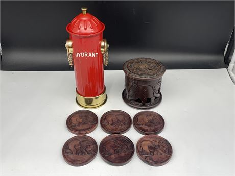 HAND CARVED WOOD COASTERS W/ HOLDER - FIRE HYDRANT DECANTER