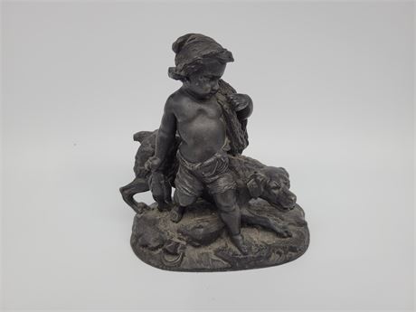 ANTIQUE CAST IRON CHERUB & DOG SIGNED PECHE (7.9"tall, part of tail is missing)