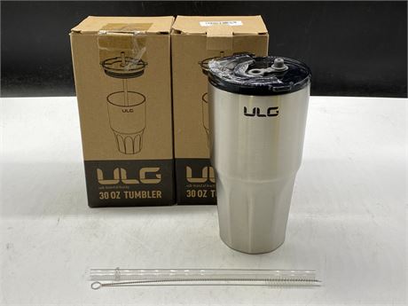 2 NEW ULG 30OZ STAINLESS STEEL TUMBLERS W/STRAW & CLEANER