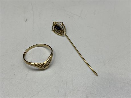 10K EDWARDIAN STICK PIN (1920s) & ENGLISH 9K GOLD RING W/SMALL DIAMOND