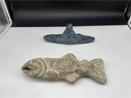 SIGNED INDIGENOUS ORNAMENT (11”wide) & VINTAGE CLAY FISH ORNAMENT