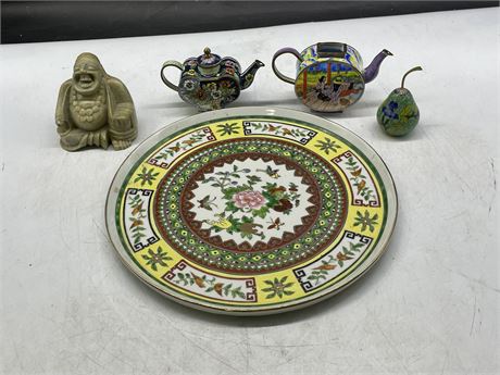 STONE CARVED BUDDA, 2 ENAMELLED TEAPOTS, CLOISONNÉ PEAR & HAND PAINTED PLATE