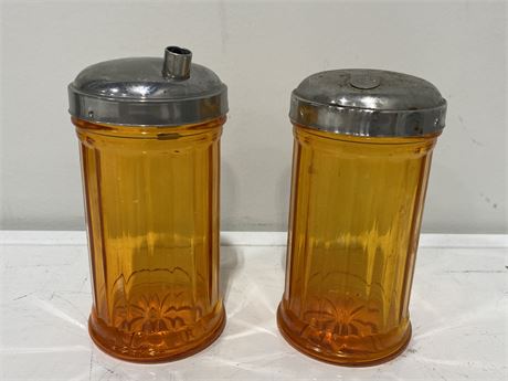 RARE ORANGE GLASS MID CENTURY CREAM & SUGAR JARS (6”)