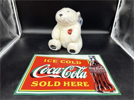 REPRODUCTION COCA-COLA SIGN 17”x12” & COKE BEAR W/ TAGS 11” TALL