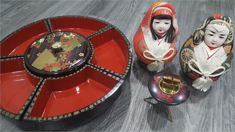 VINTAGE HAND PAINTED LIGHTER & 1980's JAPANESE LAZY SUSAN