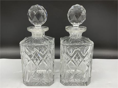 VINTAGE PAIR OF HEAVY CRYSTAL MATCHED DECANTERS (11” TALL)