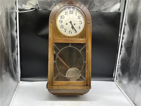 LARGE ANTIQUE CHIMMING WALL CLOCK WITH KEY 12”x26”x7”
