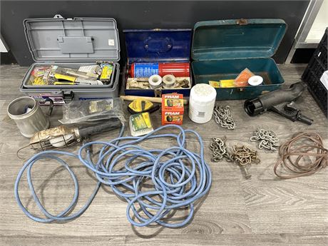 TROUBLE LIGHT, FISHING PROPANE TORCH, 3 TOOLBOXES, ETC