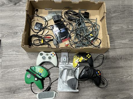 LOT OF MISC VIDEO GAME CONTROLLERS, ETC