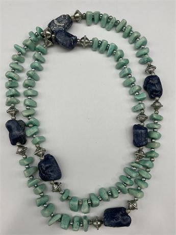 HEAVY LONG SILVER W/TURQUOISE & SODALITE STONES NECKLACE