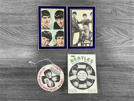 RARE BEATLES MOVIE TICKET, WALLET DOLLAR & POST CARDS IN FRAME
