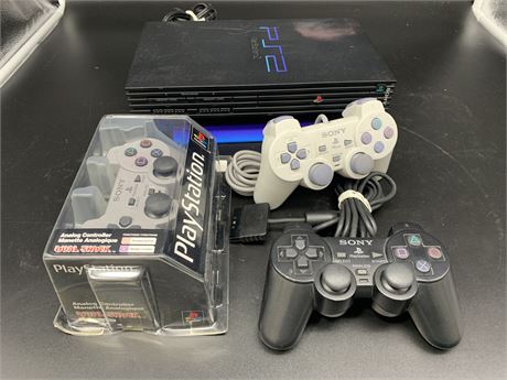 PS2 CONSOLE W/3 CONTROLLERS (1 in box)