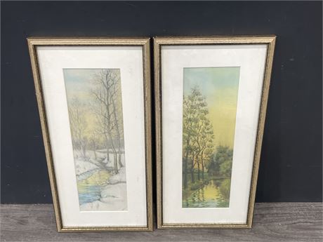 2 EARLY FRAMED WATER COLORS - SIGNED - 19”x10”