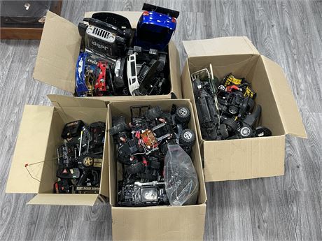 4 LARGE BOXES OF RC SHELLS - REMOTES - MISC PARTS
