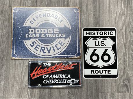 2 RETRO SIGNS & VANITY LICENSE PLATE (LARGEST IS 16”X12.5”)