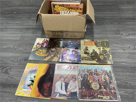 BOX OF RECORDS INCLUDING ROLLING STONES, 5 BEATLES, ETC - CONDITION VARIES