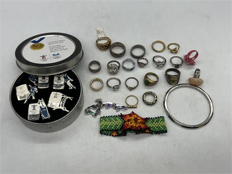 LOT OF MISC JEWELRY (Mostly rings) & 2010 OLYMPIC LIMITED PIN SET