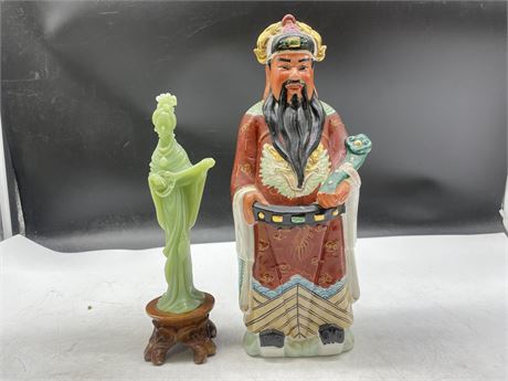 SMALL JADE CARVED WOMAN ON WOODEN STAND 9” & PORCELAIN CHINESE STATUE OF MAN 12”