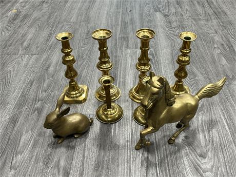 VINTAGE BRASS CANDLE HOLDERS & FIGURES (Horse is 11” tall)