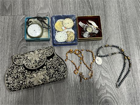 LOT OF MISC JEWELRY, WATCHES, VINTAGE PURSE