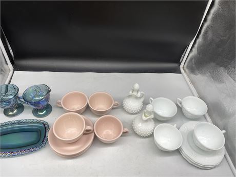 VINTAGE MEAKIN & INDIANA MILK GLASS CUP & SAUCER SETS, BLUE CREAM & SUGAR W/TRAY