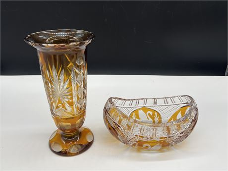 EARLY CRYSTAL FLASH GLASS VASE 9.5” + CRYSTAL FLASH GLASS BOWL 8” WIDE