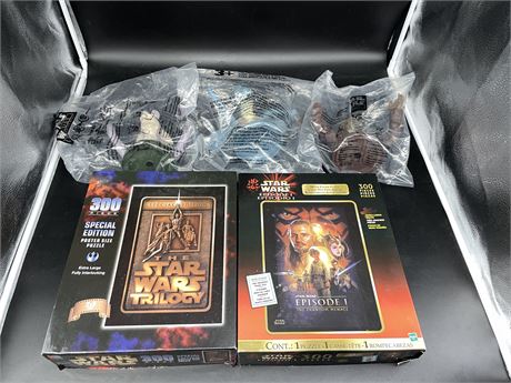 2 STAR WARS PUZZLES / 3 SEALED FIGURES
