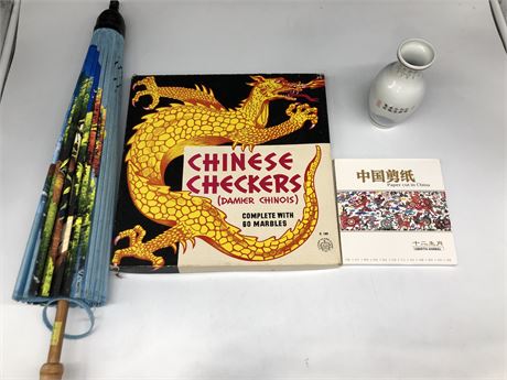 VINTAGE CHINESE CHECKERS, MARBLES (COMPLETE), PAPER UMBRELLA AND PAPER CUT BOOK