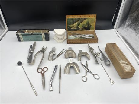 COLLECTION OF VINTAGE DENTAL TOOLS, BOXES, TEST TUBES & PLASTER TOOTH MOLD
