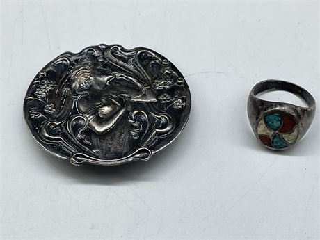 STERLING SILVER RING & UNMARKED BROOCH
