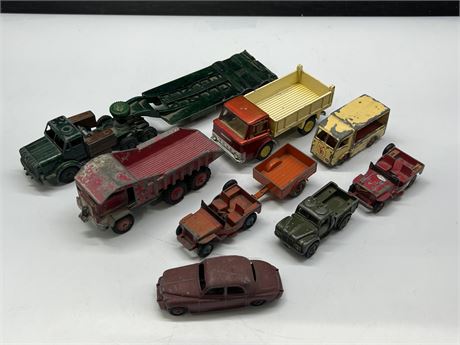 LOT OF VINTAGE METAL DINKY TOYS - GREEN TRUCK W/TRAILER IS 12” LONG