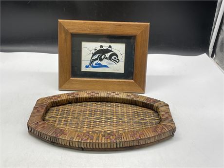 SIGNED NATIVE FRAMED ART (10”x7”) & SERVING TRAY (12”x7”)