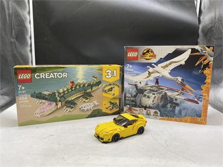 2 OPEN BOX LEGO SETS & PRE BUILT CAR - CAR MISSING SOME PARTS