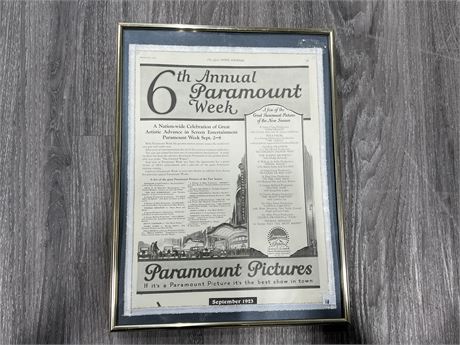 1923 FRAMED NEWS PAPER AD - 12”x16”