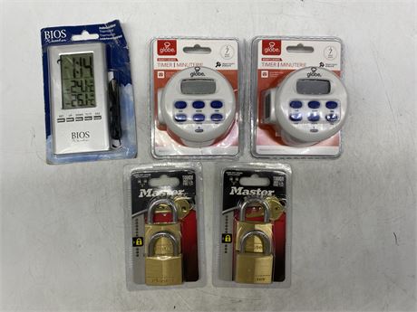 2 GLOBE TIMERS, 2 MASTER LOCK MODEL 140T & BIOS INDOOR THERMOMETER