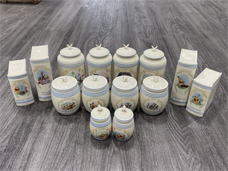 NEW LENOX THE POOH PANTRY CANISTERS (12) + NEW SALT & PEPPER SET (TALLEST IS 6”)