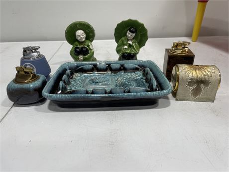VINTAGE GLAZED ASHTRAY WITH 4 TABLE LIGHTERS & VINTAGE ORIENTAL COUPLE