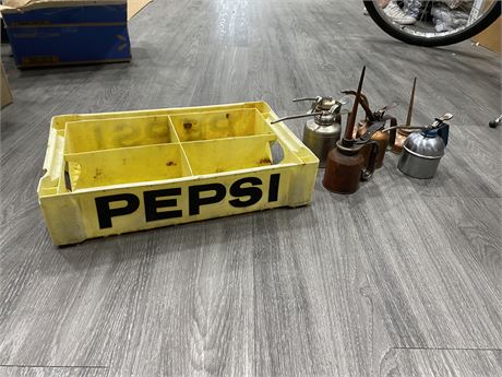 VINTAGE OIL CANS & PEPSI TRAY - 18.5” X 12”