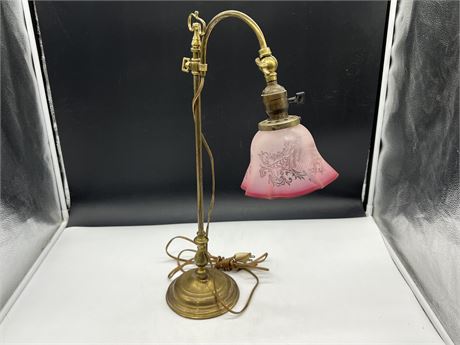 VINTAGE BRASS LAMP W/ORIGINAL GLASS SHADE (22” tall)