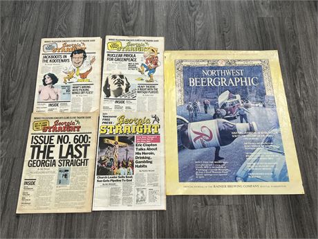 4 VINTAGE GEORGIA STRAIGHT NEWS PAPERS & 76’ RAINIER BEER AD