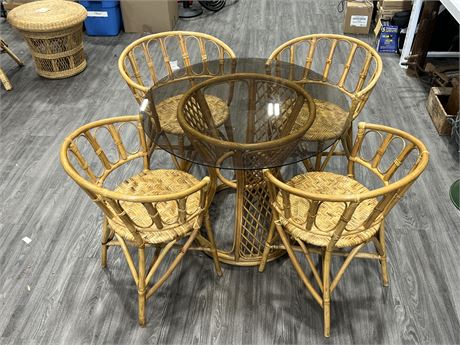 VINTAGE BAMBOO 4 CHAIR & GLASS TOP DINING SET (Table is 29” tall, 36” wide)