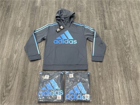 3 BRAND NEW W/ TAGS ADIDAS HOODIES - YOUTH SIZE SMALL, MED. & LARGE