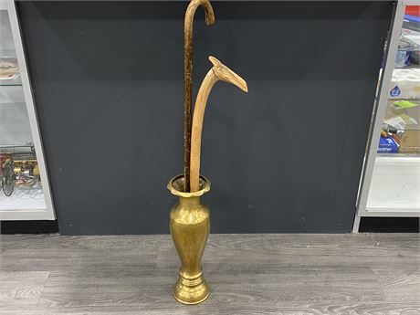 HEAVY BRASS CANE HOLDER (18” TALL) W/2 ANTIQUE CANES