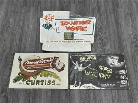 3 VINTAGE WRAPPED ADVERTISING CARDBOARD PIECES (24”X20” LARGEST)