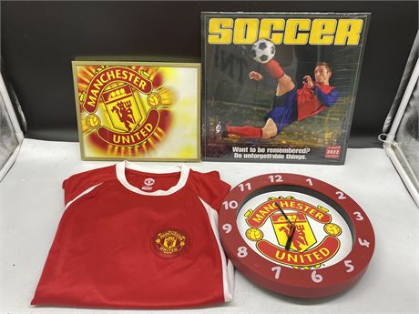 MANCHESTER UNITED LOT OF FAN ITEMS (FRAMED PICTURE IS 10”X8”)