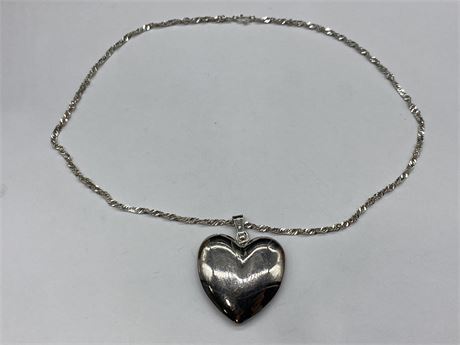 LARGE 925 STERLING SILVER HEART PENDANT W/20” CHAIN
