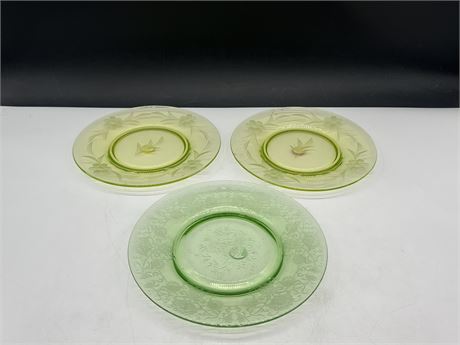3 VINTAGE URANIUM GLASS PLATES - 8” DIAM