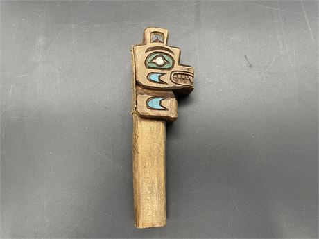 SIGNED HAND CARVED FIRST NATIONS RATTLE (8.5”)