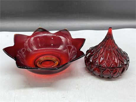 VINTAGE RED FENTON DISH (WILL GLOW, 9” D) & SHANNON CRYSTAL LIDDED CANDY DISH