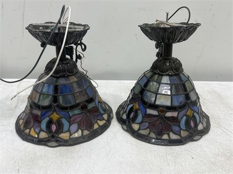 2 STAINED GLASS HANGING LIGHTS (9”tall, 8” wide)